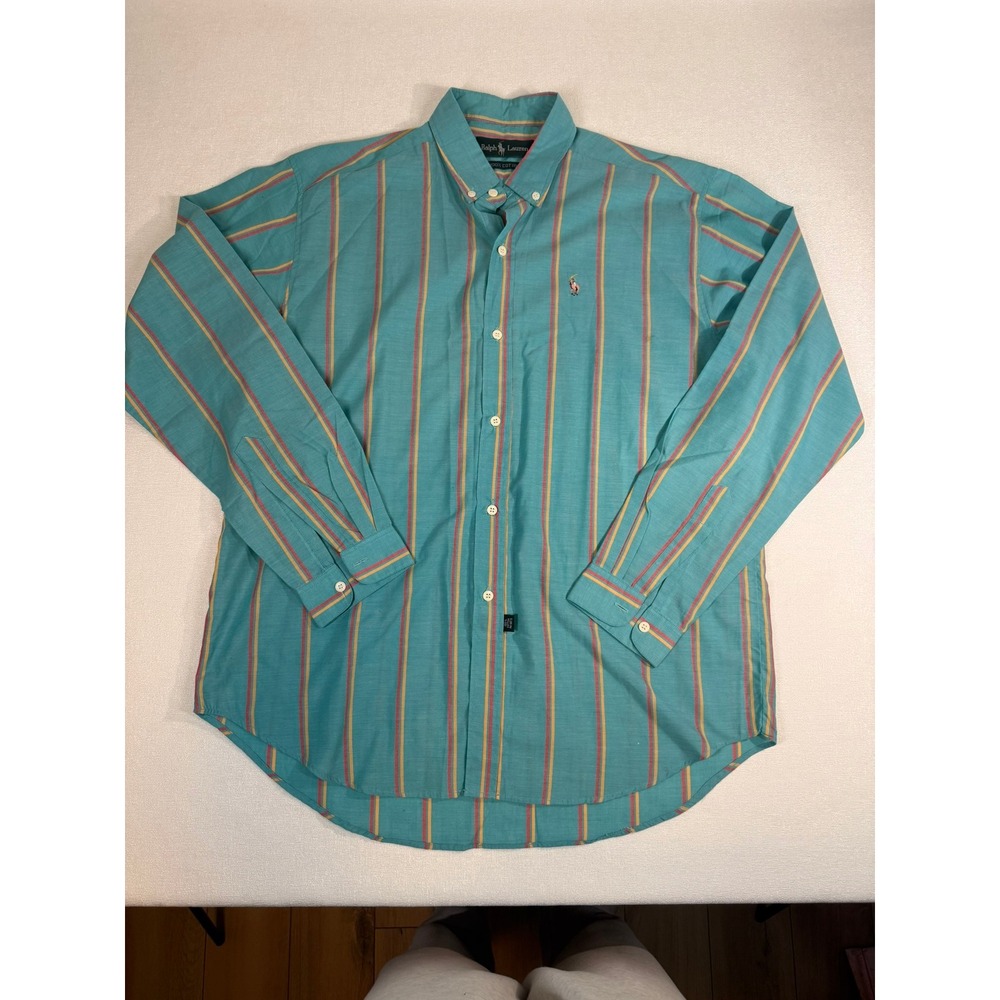 Ralph Lauren Mens Button Down Shirt Teal Stripe Polo Player Logo Size 20